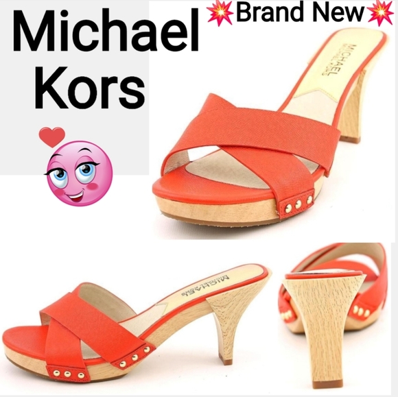MICHAEL Michael Kors Shoes - Michael Kors Saffiano Leather Slide Sandles Wood Heel Orange Size 9.5
